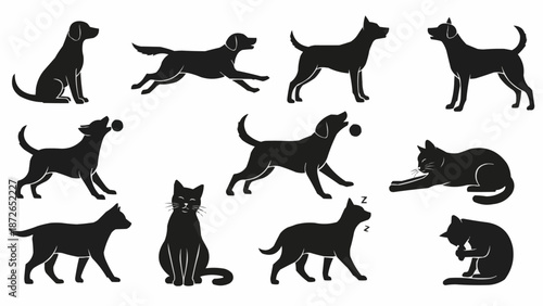 Collection of Black Dog and Cat Silhouettes in Various Poses.