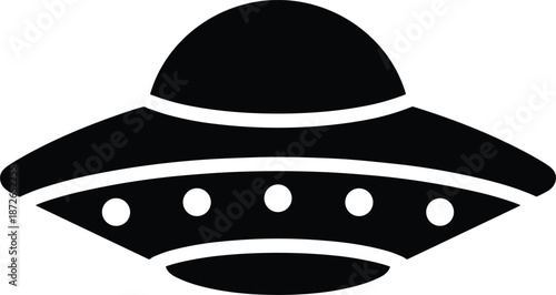 Black UFO flying saucer spaceship vector icon illustration for science fiction outer space galaxy and alien extraterrestrial themes.