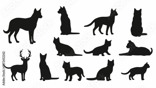 Collection of Animal Silhouettes Including Cats and Deer.