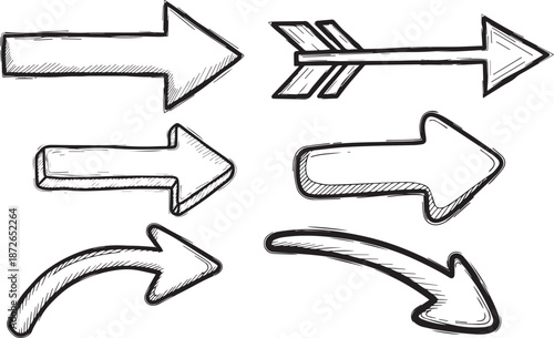 Diverse collection of hand-drawn sketchy arrows pointing in various directions, offering a versatile set of navigational and directional design elements with a doodle-like aesthetic