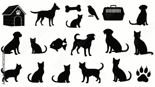 Collection of Animal Silhouettes Including Dogs Cats and Birds.