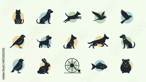 Collection of Animal Silhouettes with Colorful Circles Background.