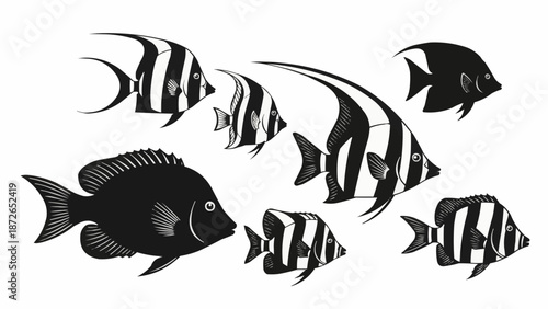 Collection of Black and White Tropical Fish Silhouettes.
