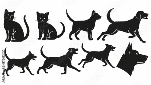 Collection of black cat and dog silhouettes in various poses.