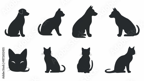 Collection of black cat and dog silhouettes in various poses.