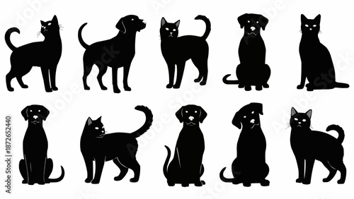 Collection of black cat and dog silhouettes in various poses.