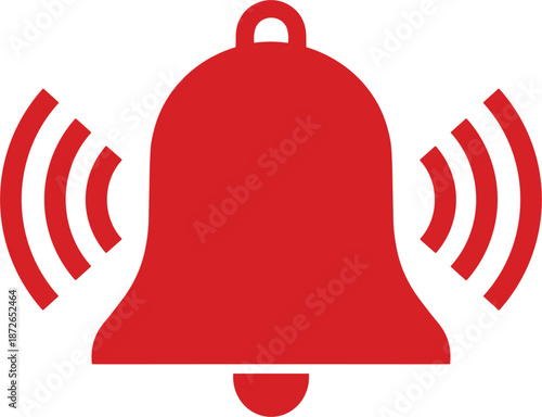 Red ringing notification bell icon vector illustration with sound waves for alert reminder mobile app interface and web.