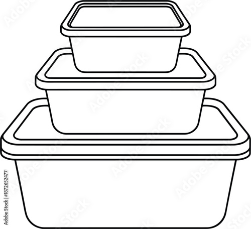 Stack of three plastic food storage containers vector illustration for kitchen organization meal prep and leftovers storage icons.