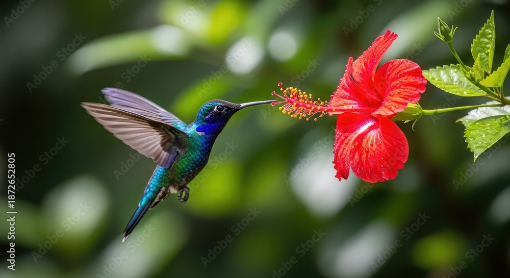 Naklejka premium A vibrant hummingbird feeds from a red hibiscus flower, with green leaves in the background.