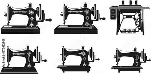 Vintage Sewing Machine Black Silhouettes Set, Retro Tailor Equipment Vector Illustration, Antique Domestic Tool, Isolated on White Background for Crafting