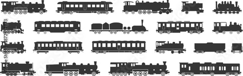 Vintage steam train silhouettes collection, retro locomotive and railway carriage vector illustration, old transportation design for travel, industry, and history theme artwork