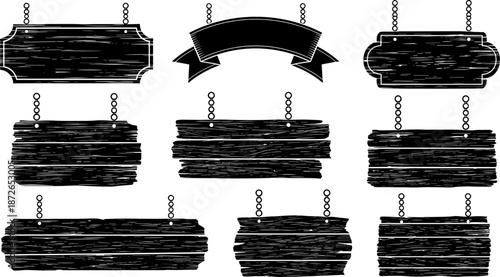 Vintage wooden hanging signboard vector set, rustic black wood texture banners with chains for signage branding decoration, isolated retro label illustration