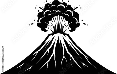 Volcano eruption silhouette vector illustration, explosive lava mountain icon, natural disaster landscape scene with ash cloud isolated on white background, dramatic geology concept