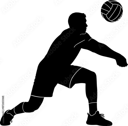 Volleyball player silhouette icon, black white vector illustration of athlete performing defensive pass isolated on white background sports design