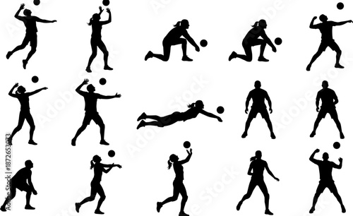 Volleyball player silhouettes collection, professional athletes serving setting spiking and diving, sports action poses set, beach volleyball team competition icons,