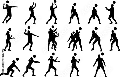 Volleyball players silhouette collection set, men and women athletes jumping serving spiking and passing ball, professional sports team actions isolated vector illustration
