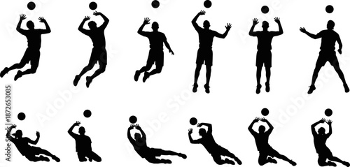 Volleyball Players Silhouette Set, Spiking, Setting, Diving, and Receiving Action Poses, Team Sport Competition Vector Graphic Illustration Content.