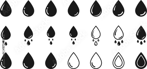 Water drop icon set, black liquid droplets and splash shapes for rain, oil, tear, moisture concepts, minimal UI symbols, vector illustration collectionWater drop icon set, 