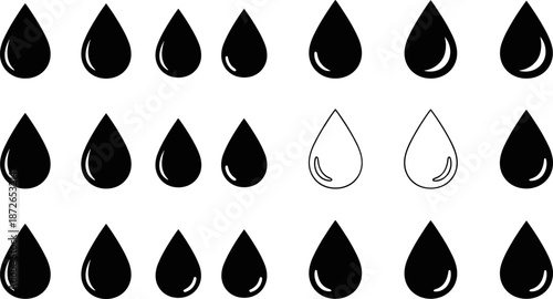 Water drop icons set vector illustration, black liquid droplet shapes collection, oil ink or rain symbols, minimal graphic design elements pack