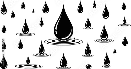 Water drop splash vector illustration, black liquid droplets with ripple effects collection, rain oil fluid symbols for nature, weather, abstract design graphics
