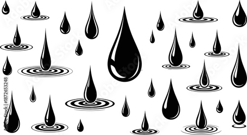Water droplet splash icon set, black liquid drop silhouettes with ripple effects, minimal rain and fluid vector illustration collection for web, app, design