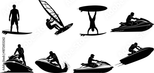 Water Sports Black Silhouettes Set, Surfing, Windsurfing, Paddle Boarding, and Jet Skiing Activities Vector Collection, Extreme Summer Fun Illustration