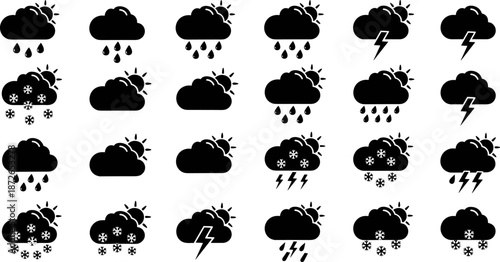 Weather forecast icon set vector illustration, rain snow thunder cloud symbols collection, climate conditions pictograms, minimal black and white design
