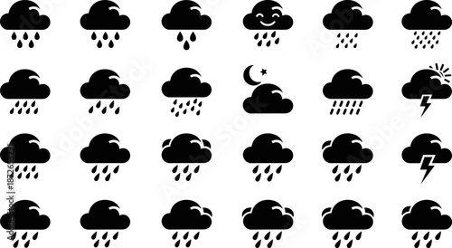 Weather forecast icon set vector illustration, rainy cloud symbols collection, storm lightning icons, night rain weather pictograms, minimal black silhouette design