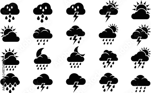 Weather forecast icon set vector illustration, sun rain thunder cloud symbols collection, climate conditions pictograms, minimal black and white design