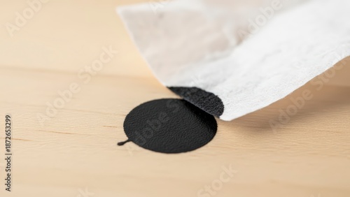 Black oval object on a light wooden surface with a white fabric in the background.