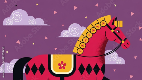 Stylized illustration of a vibrant red horse, adorned with intricate patterns and a decorative saddle, set against a dreamy purple sky, evoking a festive and enchanting mood