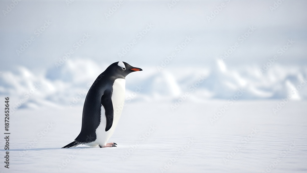 Obraz premium A Solitary Gentoo Penguin Stands on a Snowy Antarctic Landscape.