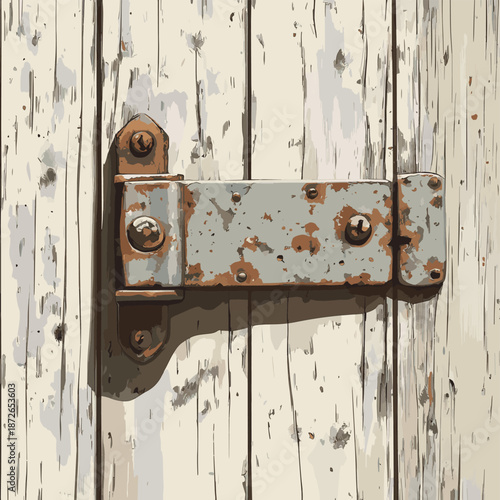 Old rusty metal door hinge on wooden door , vector style simple color