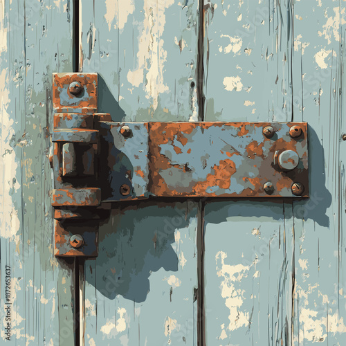 Old rusty metal door hinge on wooden door , vector style simple color