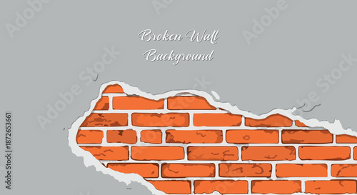A broken wall with exposed red bricks and a grey background.
