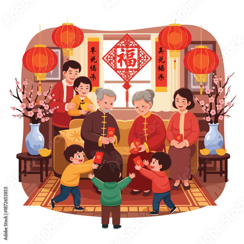 Illustration of a multi-generational Asian family celebrating together in a living room decorated with traditional Chinese New Year elements. Perfect for cultural events, family gatherings,