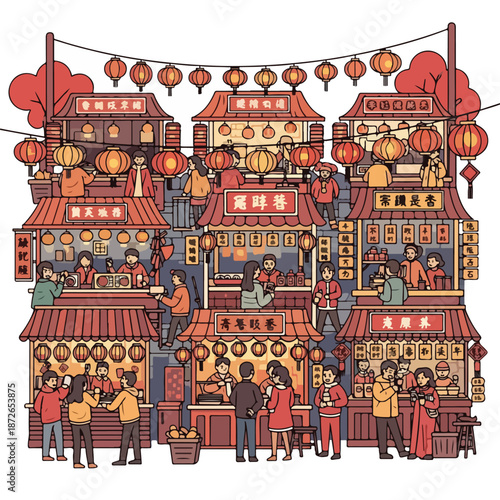 Vibrant digital illustration of a crowded Asian street market with people shopping and socializing under colorful lanterns. Perfect for travel brochures, cultural festivals, and educational