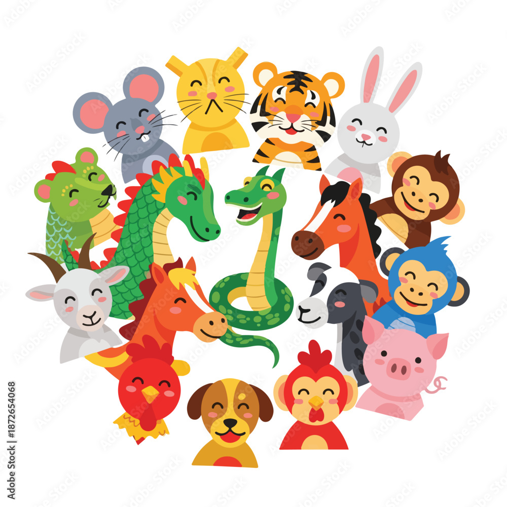 Naklejka premium A colorful digital illustration of various cartoon animal faces, including dragon, tiger, monkey, and rabbit, arranged in a circle on a white background. Perfect for children's books,