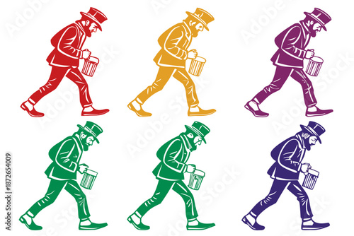 set of Irish Leprechaun Walking Silhouette Vector Icon for St. Patrick’s Day