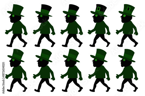 set of Irish Leprechaun Walking Silhouette Vector Icon for St. Patrick’s Day