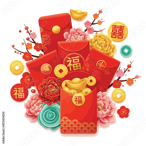 A vibrant digital illustration of red envelopes with Chinese characters surrounded by flowers, coins, and decorations on a white background. Perfect for Chinese New Year, cultural