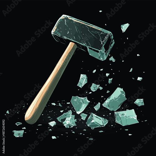 Hammer and pieces of glass isolated on black background , vector style simple color
