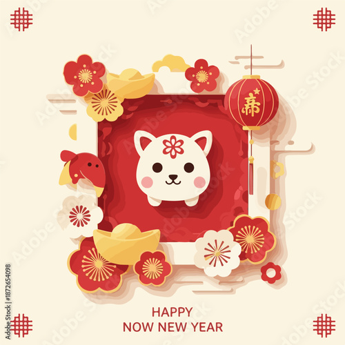 A white dog with a red flower on its head surrounded by red and gold decorations, flowers, and lanterns on a beige background. Perfect for Chinese New Year, greeting cards, and festive