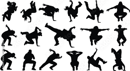 Black silhouettes of parkour athletes and breakdance performers jumping for urban sports architectural rendering cad drawing flat vector illustration set isolated