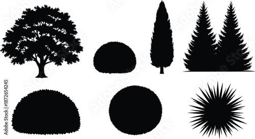 Black silhouettes of oak pine and cypress trees with garden shrubs for landscape design architectural rendering cad drawing flat vector illustration set isolated