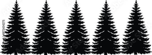 Black silhouettes of pine trees and spruce forest elements for landscape design architectural rendering cad drawing flat vector illustration set isolated