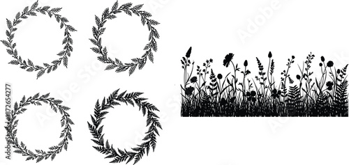 Black silhouettes of botanical fern wreaths and wildflower meadow border for wedding invitation architectural rendering cad drawing flat vector illustration set