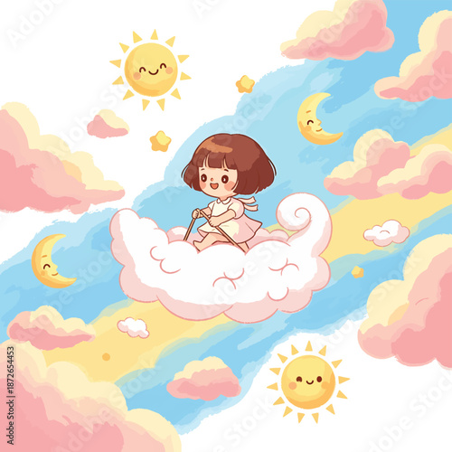Oil pastel illustration of a fantasy kid sitting on a fluffy cloud surrounded by colorful celestial bodies and soft, puffy clouds in a dreamy sky with pastel shades.