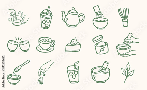 set of matcha green tea illustration