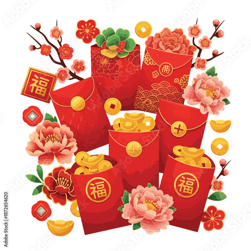 A digital illustration of red envelopes with gold coins and flowers, arranged with cherry blossoms and Chinese characters on a white background. Perfect for Chinese New Year, cultural